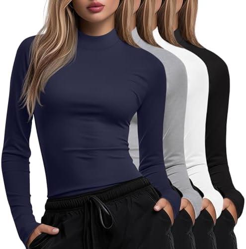 Xaatren 4 Pack Women's Long Sleeve Underscrub Shirt Mock Neck Slim Fit Tops Lightweight Thermal Base Layer Scrubs Undershirts S