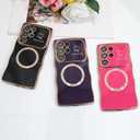 Fiyart Cute Magnetic Wave Frame Curly Shape for Samsung Galaxy S24 Ultra Case with Screen Protector, Luxury Plating Shockproof Phone Case for Women Girls for Samsung Galaxy S24 Ultra,Dark Purple