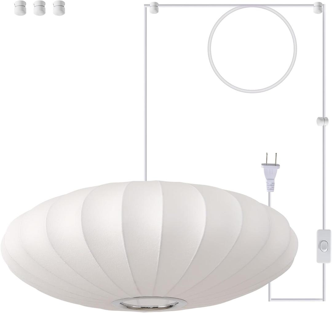 23.6in Plug in Pendant Light Lantern, Large White Silk 3-Light