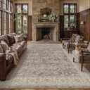 PureCozy 9x12 Washable Living Room Area Rug Brown Gray Vintage Low Pile Carpet Non Slip Soft Distressed Indoor Floral Accent Retro Large Rug for Bedroom Dining Room Office