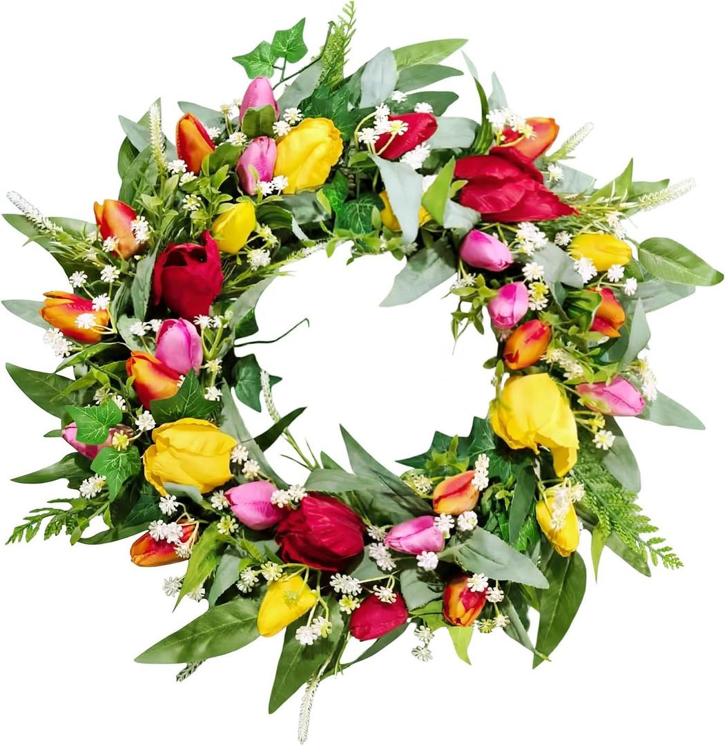 Tulip Wreaths for Front Door Decor, 22" Artificial Tulips Babysbreath Wreath Decorations for Spring Summer Home Door Window Outside Wall Indoor Outdoor Porch and Birthday Mother's Day Party
