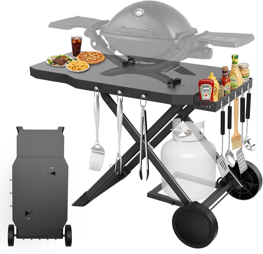 Grill Cart for Weber Q1200 Q1000 Q2200 Q2400, Portable Grill Stand | for Blackstone 17"& 22" Table Top Griddles, Foldable Grill Cart for Pizza Ovens with Shelf for Gas Cylinder, outdoor bbq
