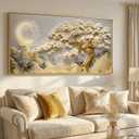 BirdSuite Gold Framed Lucky Tree Wall Art, Framed Canvas Print with Golden Tree & Moon Landscape, Ready to Hang Wall Decor for Living Room Bedroom Office Dining Room Entryway -58"x29"