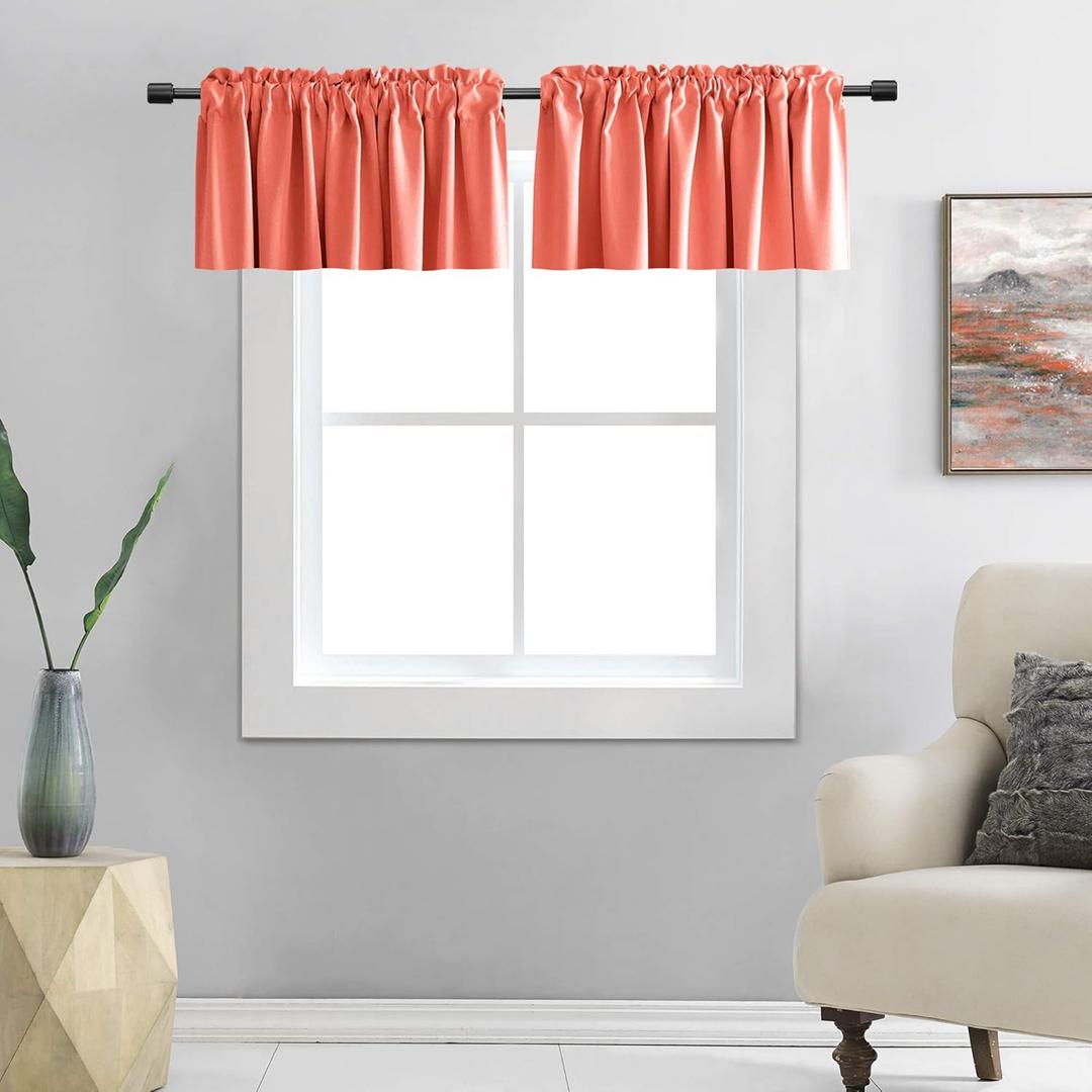 DONREN Coral Salmon Valances for Window-Blackout Valances for Kitchen with Rod Pocket (42 by 15 Inch,2 Panels)