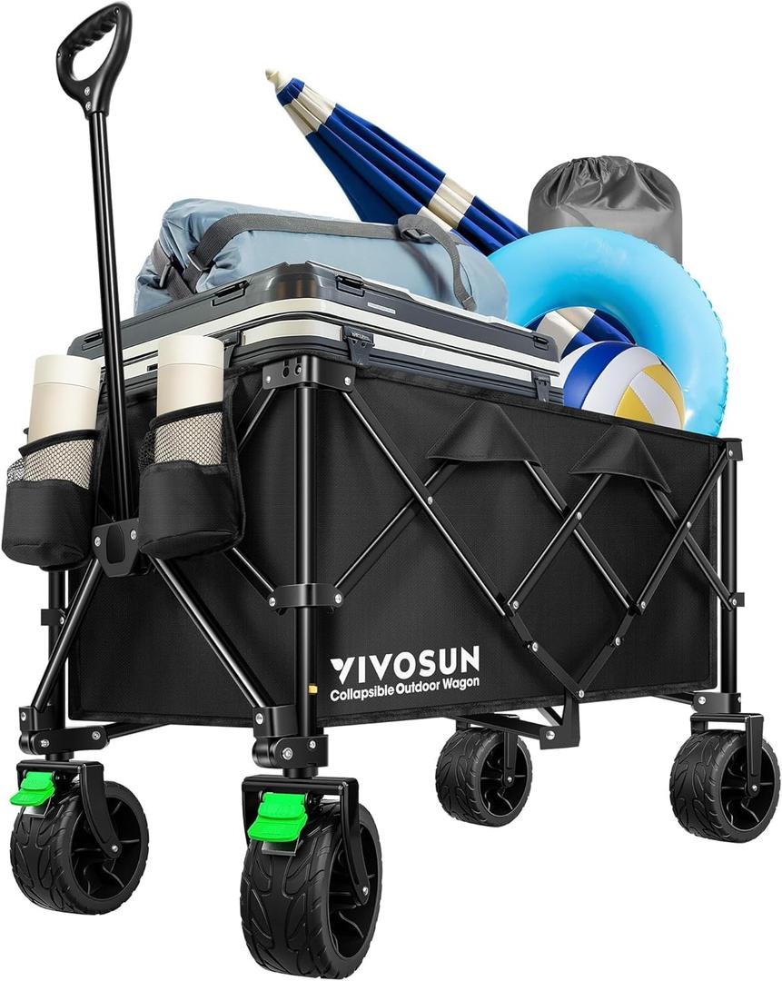 VIVOSUN Collapsible Folding Wagon, Outdoor Utility with Silent All-Terrain Wide Wheels, Adjustable Handle, Cup Holders & Side Pockets, for Camping, Beach, Shopping, Garden, Sports, Picnic, Black