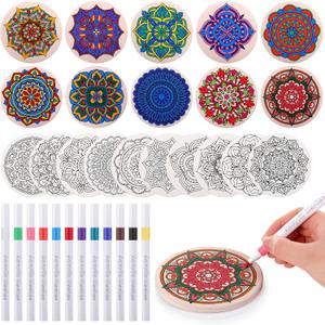Potchen 10 Pcs Ceramic Coasters for Drinks Color Your Own Coaster Set DIY Absorbent Cup Mat with 12 Markers and Cork Base Gift Arts and Crafts for Coffee Table Apartment Bar Home Decoration (Mandala)