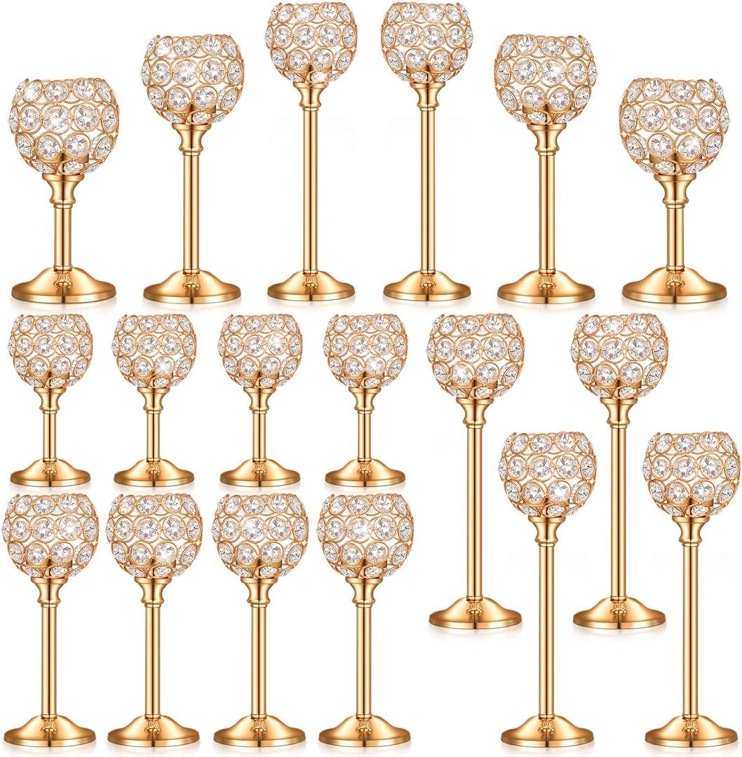 Qunclay 18 Pieces Crystal Candle Holders Bulk Candle Stick Holder Centerpieces for Table Wedding Centerpieces Crystal Decorative Tealight Dining Table Decor for Party(Gold)
