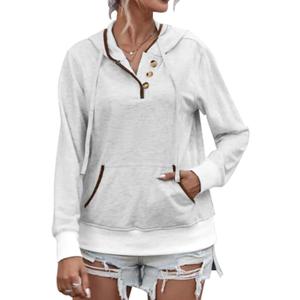 Half Hidden Women's Hoodies Fall Fashion Outfits Casual Long Sleeve Hooded Sweatshirt Button Collar Fall Drawstring Sweatshirt Pullover White Large