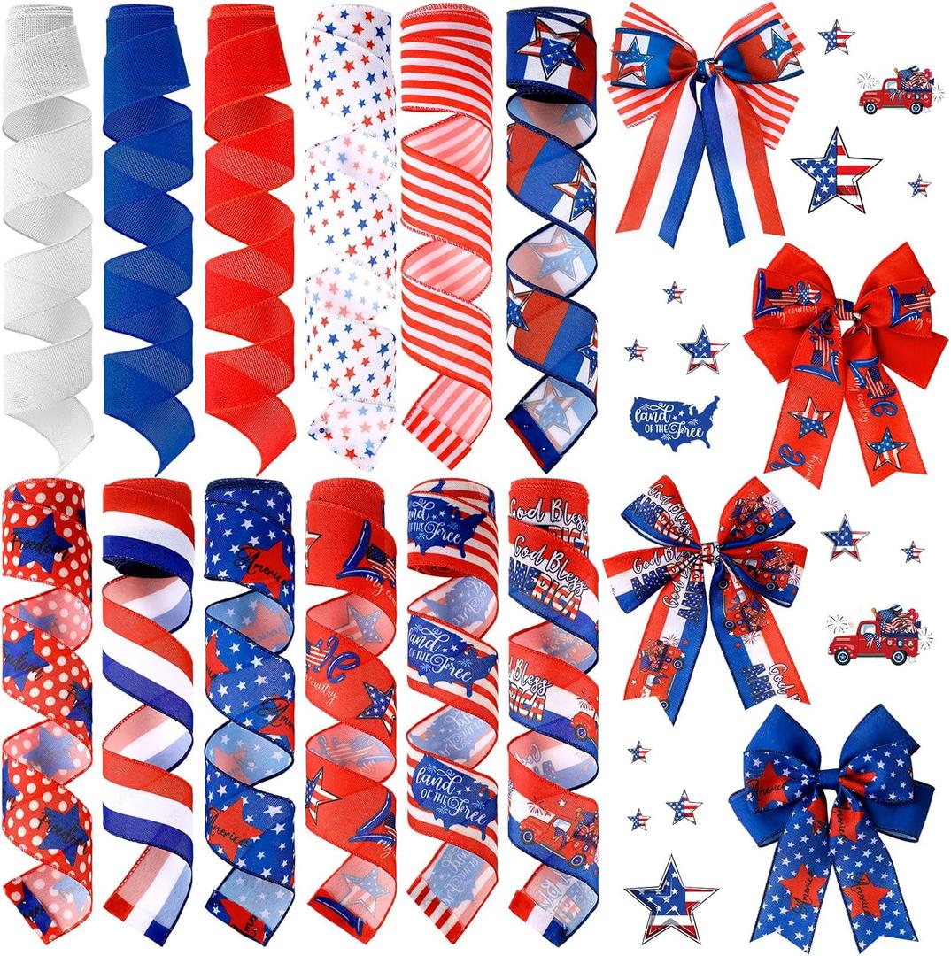 12 Rolls 60 Yards 4th of July Patriotic Ribbon Stars and Stripes Burlap Wired Edge Ribbon White Blue Red Decorative Crafts for Independence Day Memorial Day Gift Wrapping DIY Bow Craft