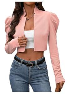 MakeMeChic Women's Business Casual Blazers Long Puff Sleeve Open Front Work Office Cropped Blazer Suit Jacket Pink Large