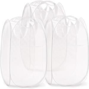 TECHMILLY Collapsible Mesh Pop Up Laundry Hamper with Sturdy Handles and Side Pocket - Portable Foldable Clothes Baskets for Dorm, Bathroom & Travel Storage (White, 3 Packs)