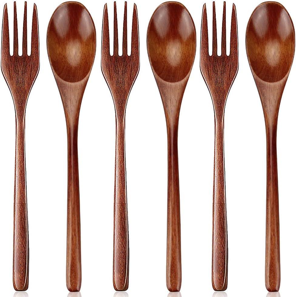 Wooden Spoon and Fork for Eating Utensil Set Lunch Wood Cutlery Japanese Silverware Sets Wooden Flatware Reusable Bamboo Eat Utensils Korean Small Wood Forks Spoons