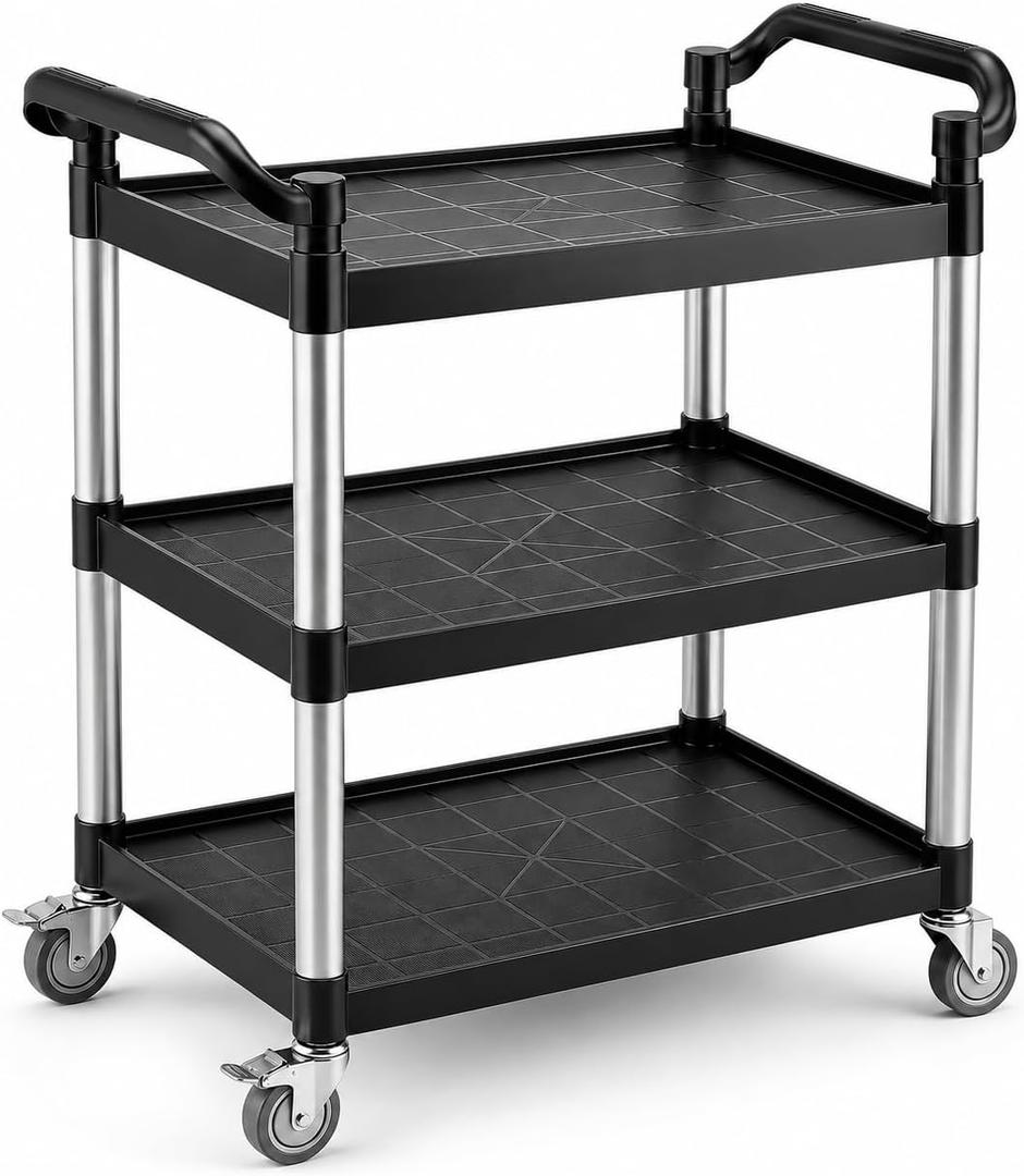 3-Tier Rolling Utility Cart with 2 Locking Brakes, 520 Lbs Heavy Duty 31.5"x15.7"x40.6" Commercial Service Cart, Tangle-Free Silent Wheels for Home, Office, Restaurant, Warehouse, Kitchen