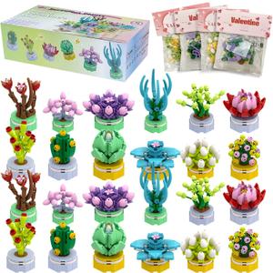 24 Pack Valentine's Day Building Block Gifts for Kids Valentines Succulent Building Blocks Set with Card Classroom Exchange Prize Party Favor Blocks for Boys and Girls