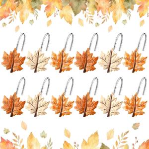 Colingmill Set of 12 Maple Leaf Shower Curtain Hooks for Fall Bathroom Decor, Metal Rustproof Farmhouse Plaid Autumn Leaves Decorative Shower Curtain Hooks Rings for Thanksgiving Bathroom Decor
