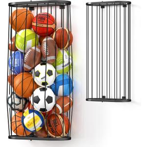 Adjustable Height Ball Storage, Large Wall-Mounted Basketball Holder Rack, Gym Garage Outdoor Ball Rack with Elastic Rope, Sports Equipment Organizer
