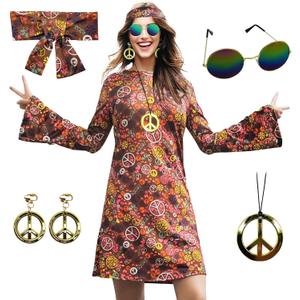 70s Hippie Dress Costumes Necklace Earrings Sunglass Women Disco Outfit, 60s Party Costume, Halloween Retro Dresses (X-Large, Brown)