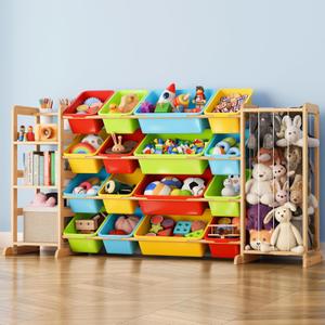 Toy Storage Organizer with Bookshelf and Stuffed Animal Storage - Playroom Organization with Shelves and 12 Bins - Living Room Box for Lego - Nursery Bedroom Decor Essentials (multicolored)