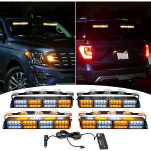 Wsays 4Pcs 16 LED 2''x 14'' White Amber Dash Strobe Light w/Controller and Wiring Harness and Suction Cup Windshield Interior Warning Light Bar Compatible with Trucks Pickup SUV Boat Vehicle