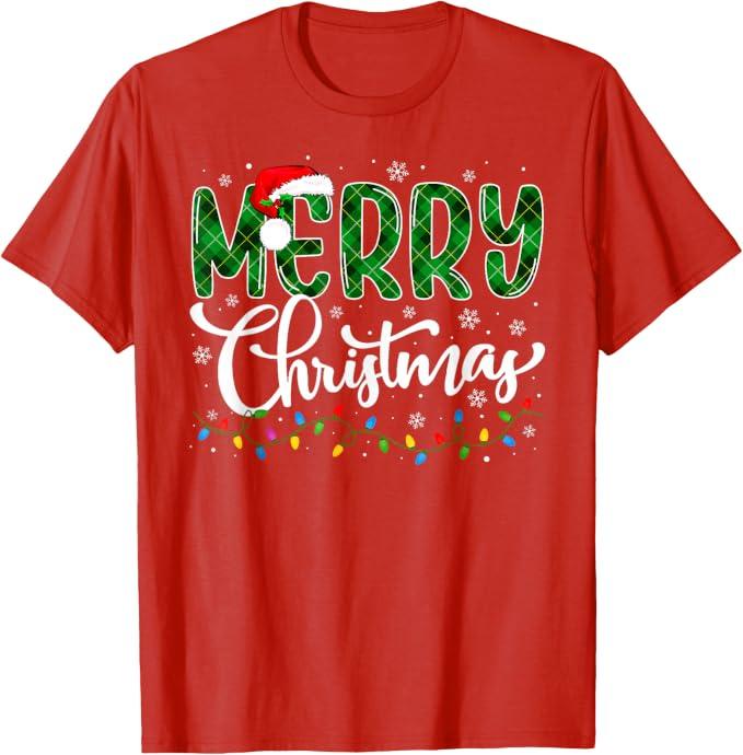 Merry Christmas Green Buffalo Plaid Xmas Lights Family Santa T-Shirt, XL
