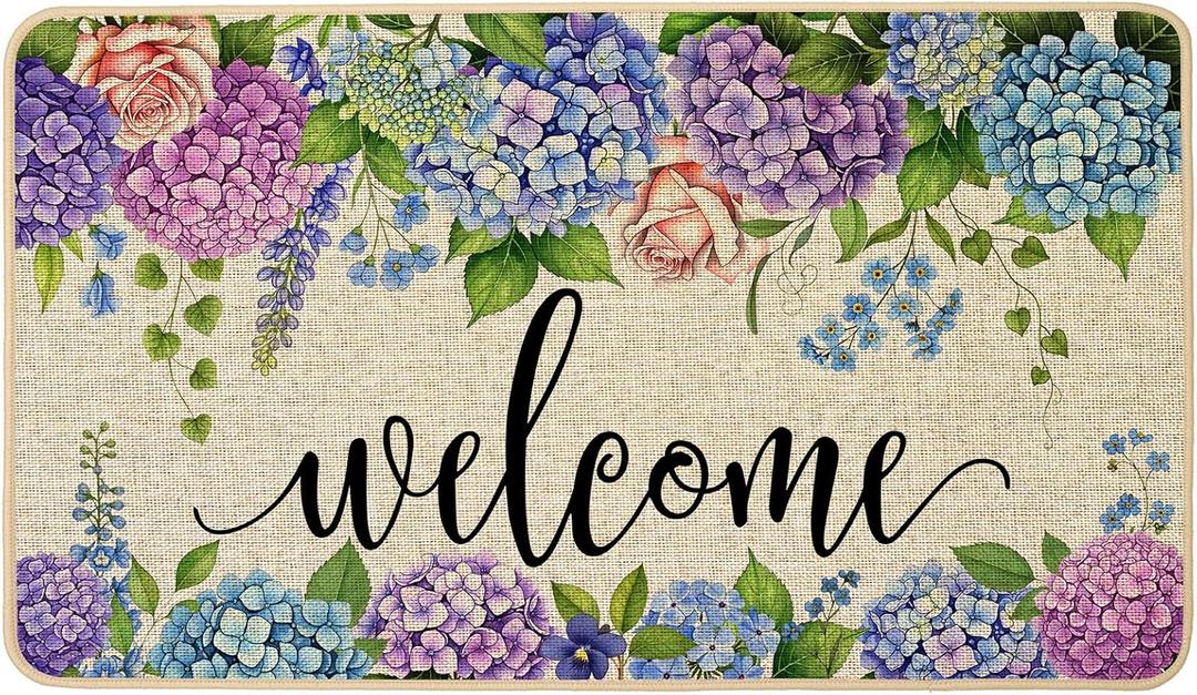 ORTIGIA Welcome Doormat Spring Summer Hydrangea Flower Leaves Floral Doormat Outdoor Outside Indoor Entrance Mat Non-Slip Durable Absorbent Easy Clean Entryway 17x29 Inch