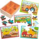 B. toys  Wooden Puzzle Set  Car Carrier, Loader, Excavator, Dump Truck  12 Pieces Jigsaw Puzzles for Kids  3+ Years Pack o' Puzzles  Trucks