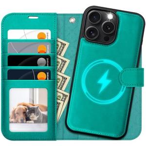 OCASE for iPhone 16 Pro Max Case Detachable Wallet Case with Card Holder, 2 in 1 Pu Leather Flip Folio with RFID Blocking Stand Wrist Strap Shockproof Phone Cover 6.9 Inch 2024, Blue Green
