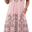Zeagoo Summer Dress for Women Casual Floral Midi Sundress with Pockets V Neck Pleated Short Sleeve Aline Beach Vacation Dress (Medium, Pink Print-1)