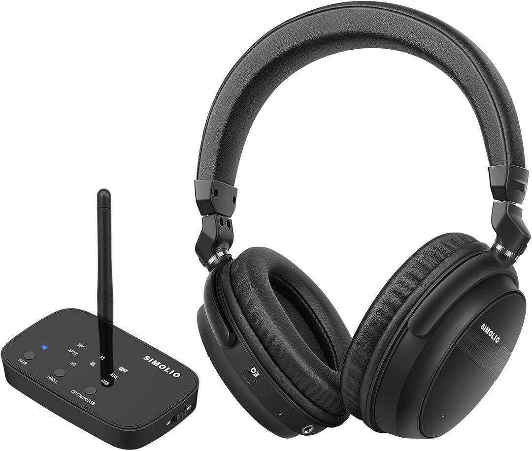 SIMOLIO Wireless Headphones for TV with 3 EQ, aptX Low Latency Bluetooth Transmitter Headphones Set for TV with Dialog Mode, Digital Optical/AUX/RCA, Volume Control for Seniors, 40 Hours Playtime (Black)