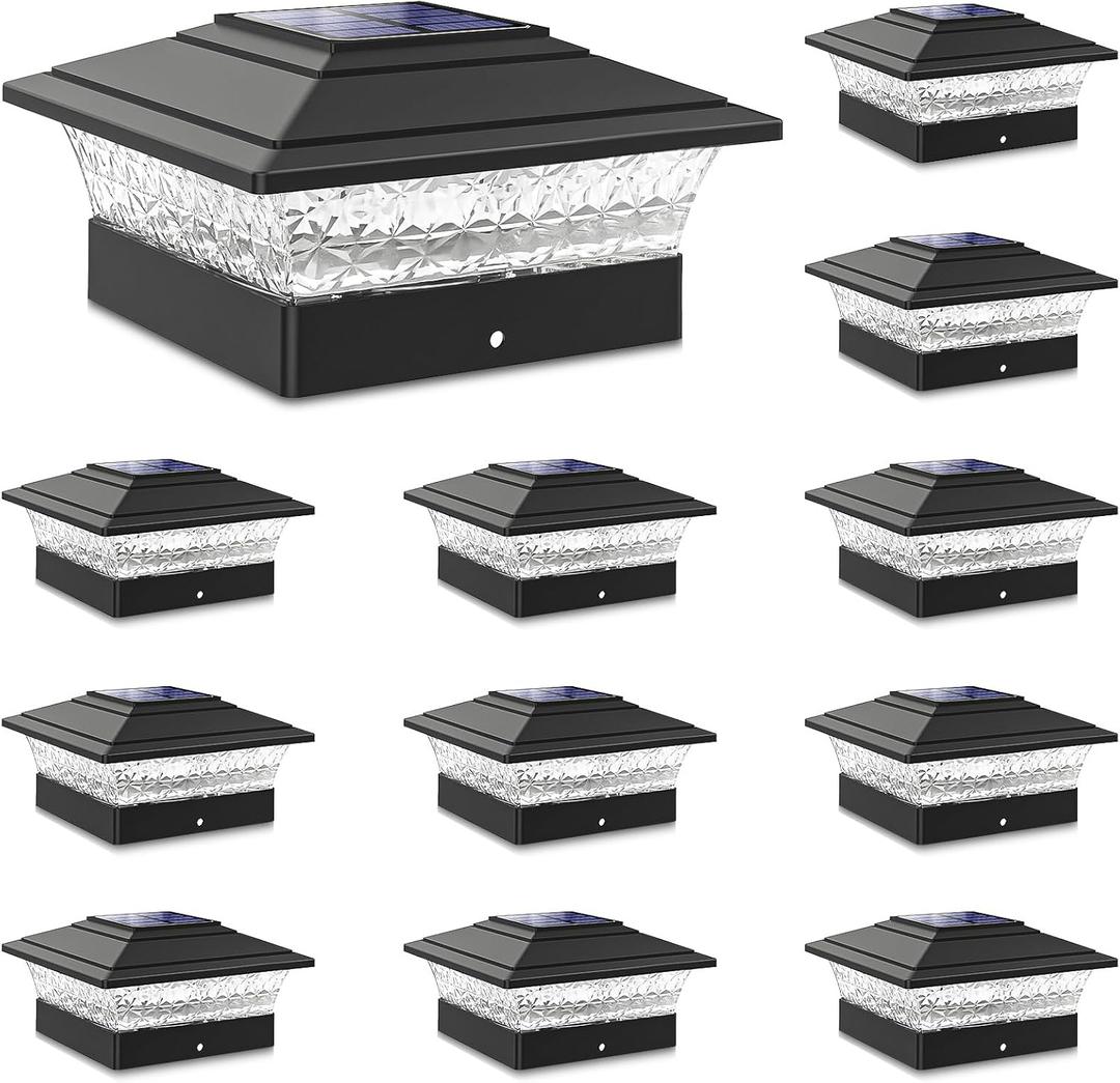 Solar Post Cap Lights Outdoor 12pack, Waterproof Fence Post Lights with 16 Ultra Bright LEDs Fit 4x4 Wood/Vinyl Posts, Black Deck Post Lights with Warm/Cool White for Garden Patio Porch Yard
