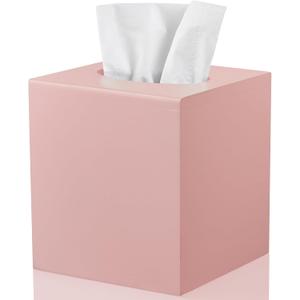 ALELION Pink Tissue Box Cover Square - Thick Wooden Tissue Box Holder for Night Stands Office Bedroom - Decorative Facial Cube Tissue Holder for Pink Kitchen Bathroom Decor and Accessories