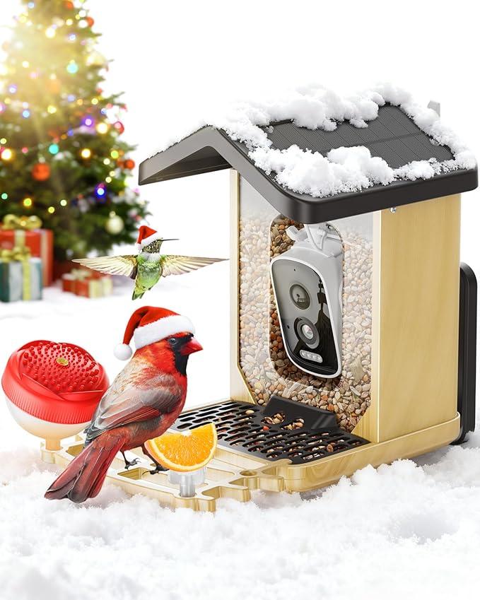 Bird Feeder with Camera Solar Powered, Bird Feeders for Outdoors with DIY Addons  Honey Jar & Fruit Fork & Squirrel Proof Net & 32GB SD Card, AI Identify Birds, Ideal Present for Birdlover