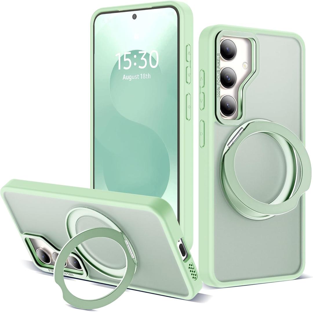 for Samsung Galaxy S25 Plus Case with 360Rotatable Magnetic Ring Stand Compatible with Mag-Safe Military Protection Shockproof Matte Translucent Phone Cases for Galaxy S25+,Green