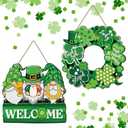 Glenmal 2 Pcs St Patrick's Day Door Sign Wreath Clover Gnomes Shamrock Wooden Hanging Sign Irish Welcome Wood Wreath Party Spring Green Holiday Decor Home Front Door Wall Decorations