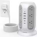 TESSAN Tower Power Strip with Individual Switches, Surge Protector with 12 Outlets, 5 USB Ports(2 USB C), Flat Extension Cord 15 Ft, 1250W, Charging Station for Multiple Devices, Office, Dorm, Grey