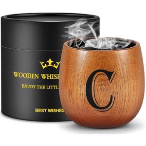 Personalized Gifts for Men Husband Dad Boyfriend, Initial Charred Wooden Bourbon Drinking Glass & Whiskey Glasses Gift, Fathers Day Birthday Gifts for Men Dad Husband Brother Him (C)