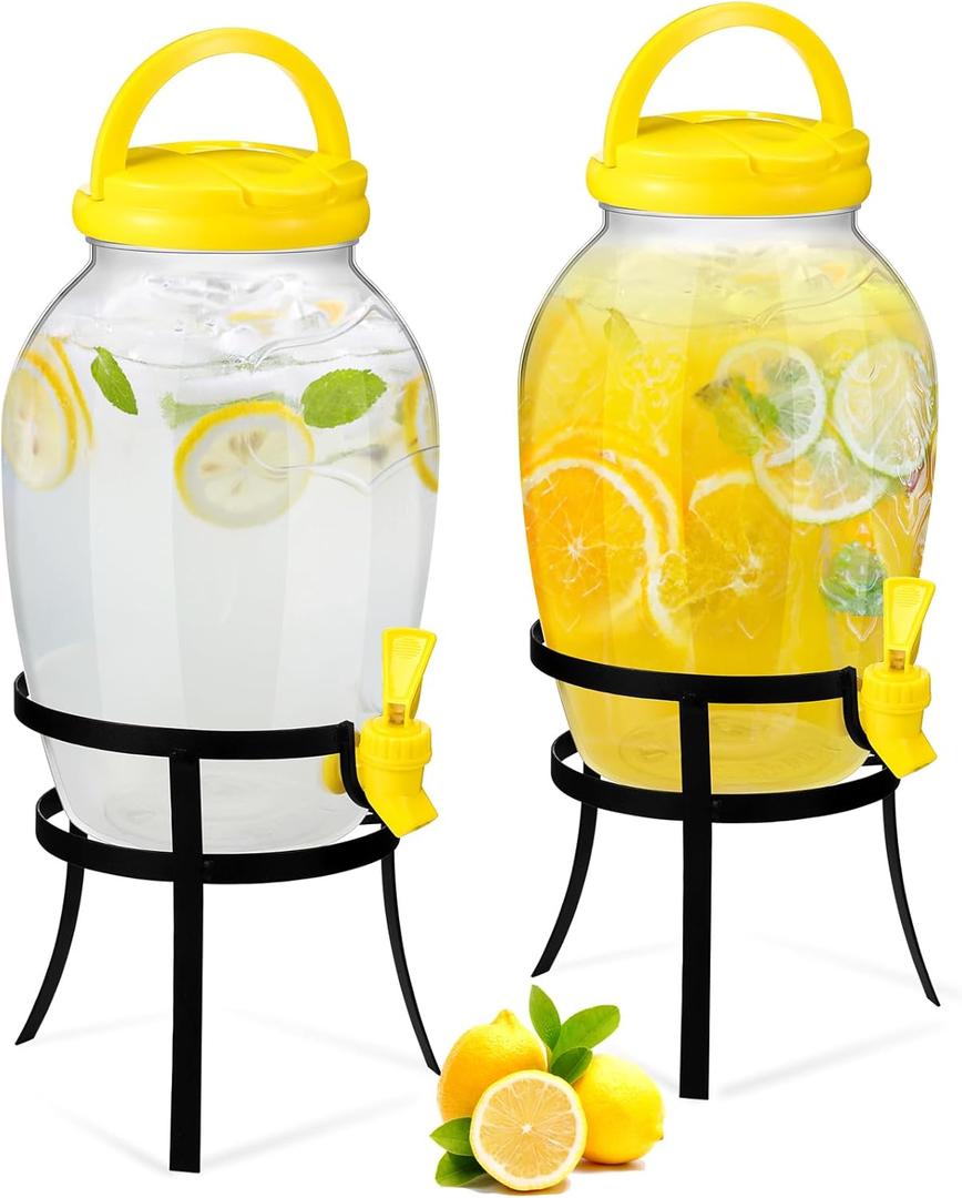 Havawish 2 Pack Drink Beverage Dispenser with Stand for Parties 1.16 Gallon Plastic Water Lemonade Juice Dispenser with Spigot and Lid for Countertop Weddings (Yellow)
