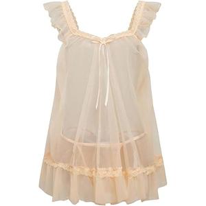 RoseSeek Women's 2 Piece Lace Mesh Babydoll Lingerie Set Sheer Chemise Nightgowns with Thongs Sleepwear, Size M