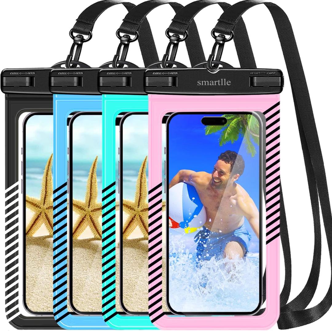 Waterproof Phone Pouches Bags Holder, Cell Phone Water Protectors 4 Pack for Swimming, IPX8 Waterproof Phone case Cover for iPhone 15 14 13 Pro Max 12 11, for Galaxy S24 S23 Ultra Up to 7" (Black+Light Blue+Cyan-Pink-C)