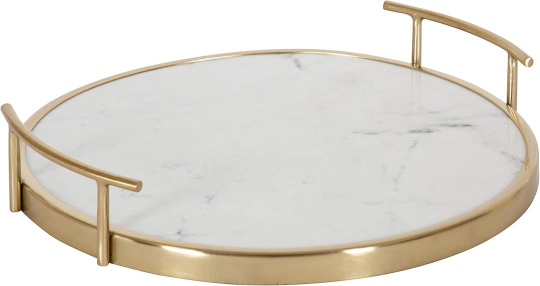Kate and Laurel Marbury Modern Round Tray, 14 inch Diameter, White Marble and Gold, Contemporary Marble Tray for Storage and Display
