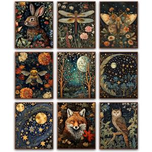 Morris Wall Paintings poster Set of 9, Vintage Rabbit Fox Starry Sky Bee Butterfly Dragonfly Poster Prints, Botanical Nature Floral Canvas Wall Decor Paintings for Living Room Bedroom Bathroom 10x8 In, William Morris