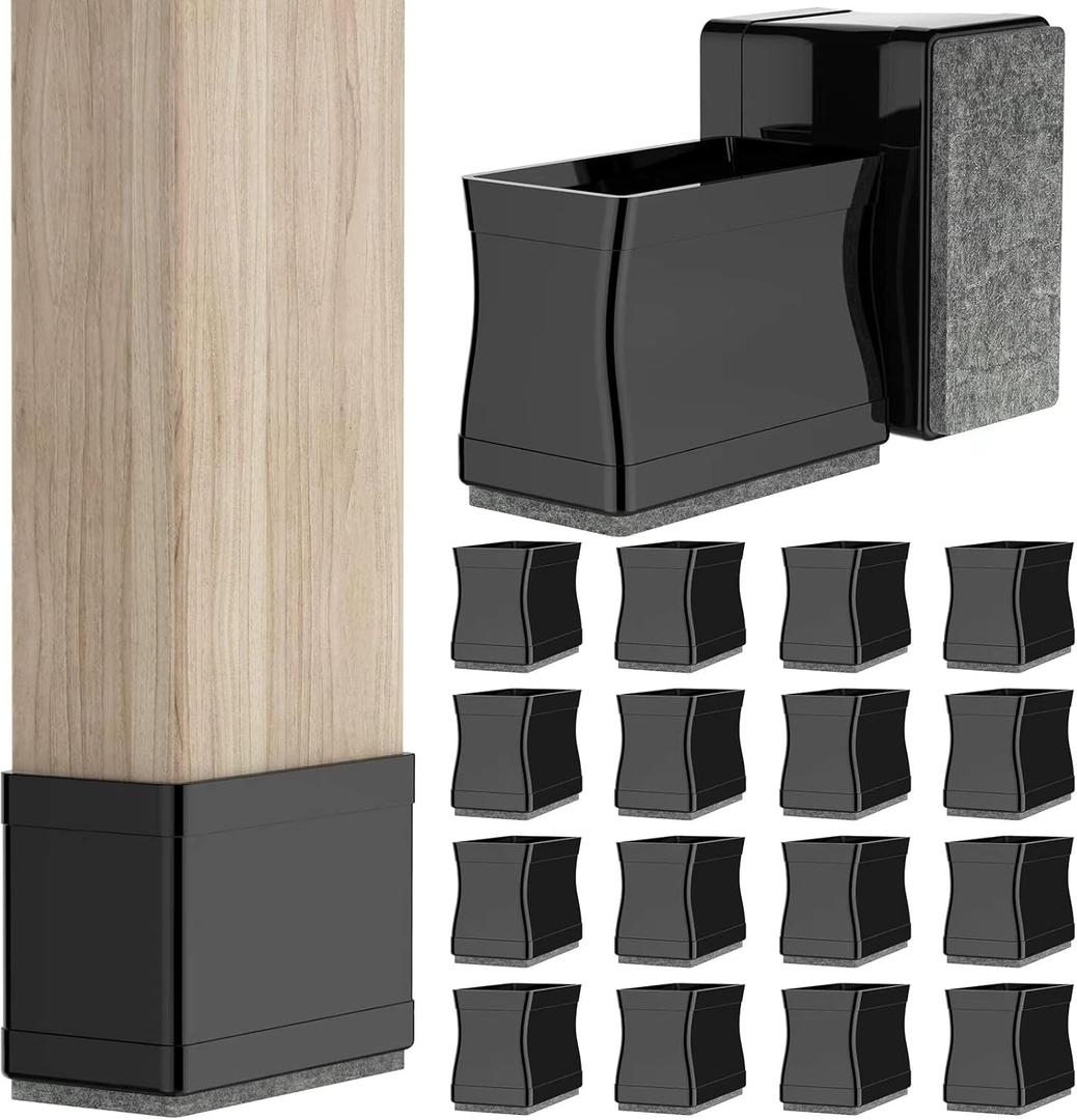 3/4" x 1 1/2" Rectangle Chair Leg Protectors for Hardwood Floors, Silicone Covers to Protect Wood Tile Floors Felt Pads Furniture Leg Caps Reduce Noise. Easy to Move. 16PCS Black.
