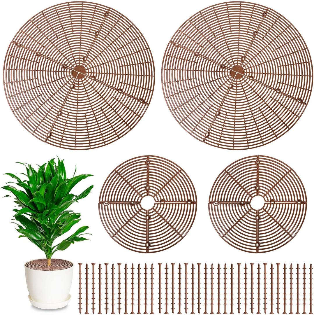 4 Pcs Plant Pot Grid Soil Protector Covers Cuttable Flower Cover from Animals 20.5" 11.8" Cat Digging Stopper Plant Pot Cover with Stakes for Indoor Outdoor Gardening (Brown)