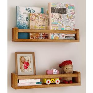 Heimlove Nursery Floating Shelves, Nursery Book Shelves for Wall, 16 inch Bookshelf for Kids Solid Wood Mounted Shelves for Books,Toys and Decor Storage, Set of 2 (Dark Brown)