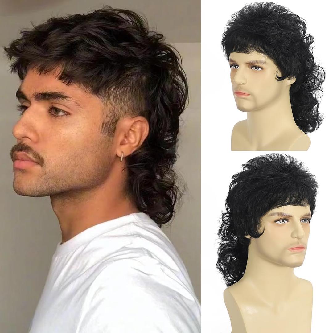 Curly Mullet Wig Black Men Wigs 80s Male Halloween Costumes Punk Rocker Wig