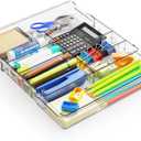 Yieach Expandable Desk Drawer Organizer Tray, 1.8 Inch High Junk Drawer Organizer for Kitchen, Clear Shallow Office Drawer Organizers With 10 Compartments for Pencil, Pen, Office Supplies and Accessories