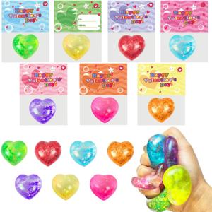 28 Pack Heart-Shaped Stress Balls with Valentine's Day Cards for Kids Party Favors Valentine's School Classroom Exchange Gifts