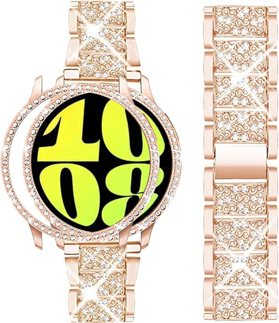 Mosonio Compatible with Samsung Galaxy Watch 8/7/6 Bands 40mm/44mm, 20mm Bling Metal Bands with Bling Protective Cover Case for Women, Shiny Watch Replacement Strap for Daily Wear