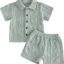 Thorn Tree Toddler Boy Outfit Button Down Shirt Short Sleeve Tops Elastic Waist Shorts Solid Baby Clothes Summer Outfits (Green, 2-3Y)