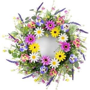 Yawwind 22 Inches Summer Wreaths for Front Door Farmhouse Summer Door Wreath Colorful Spring Floral Wreath with Wildflower Pansy Orchid for Window Porches Indoor Decoration